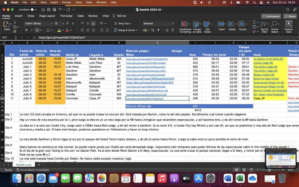 La preparación del viaje, en excel, con rutas, hoteles, kms, horas en moto, sitios donde dormiriamos, nuestro GPS en tipo excel, fundamental