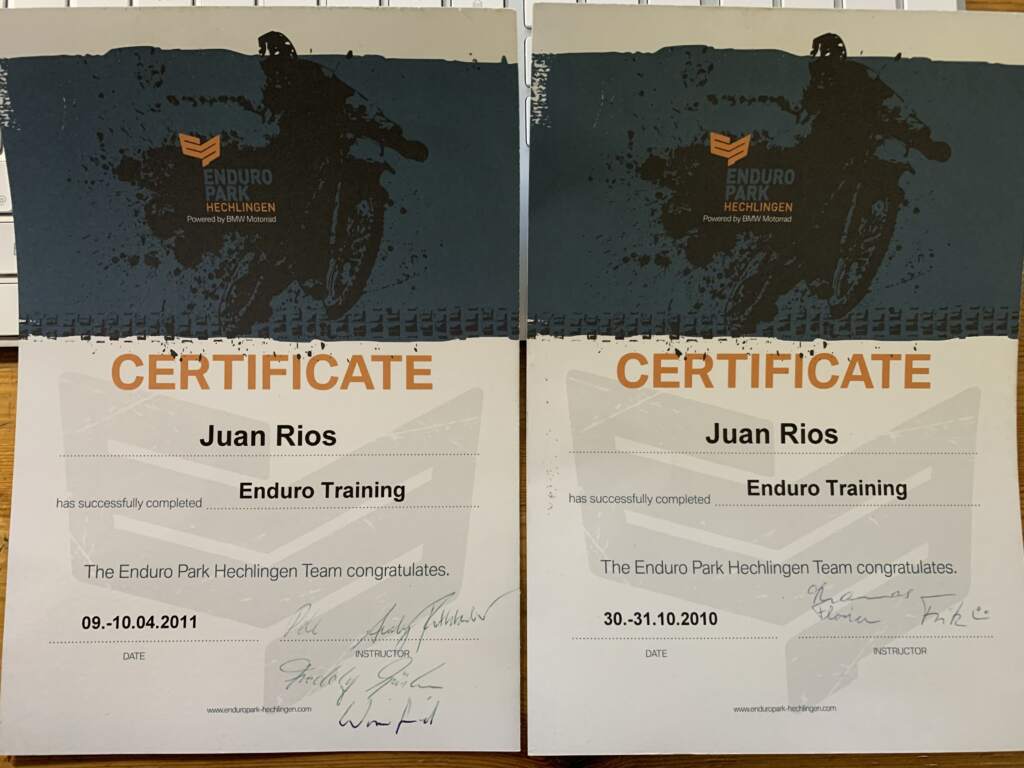 Certificado de los dos cursos de Enduro Training en The Enduto park Hechlingen, cerca de Munich; imperativo para ir a Alaska en off road