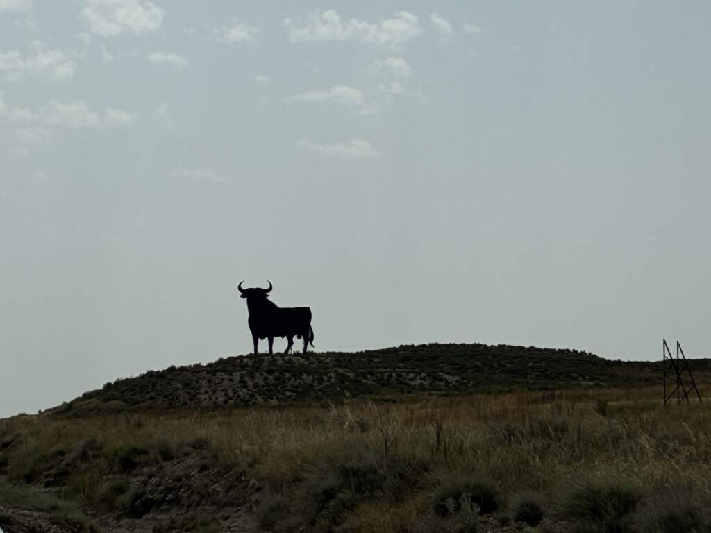 Toro de Osborne en carretera española durante ruta en moto a Bosnia desde Zaragoza